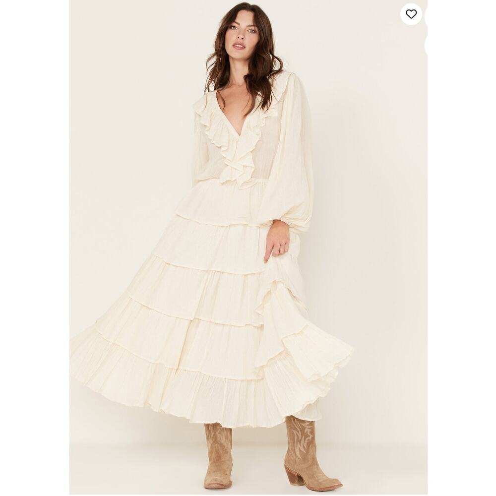 Jen's Pirate Booty Moon Maxi Dress White Ruffle‎ Tiered Long Sleeve Sz XS